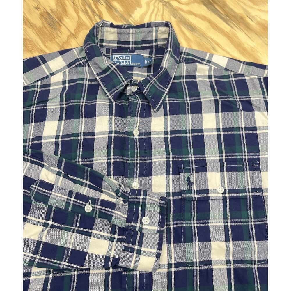 Polo Ralph Lauren XL Flannel Shirt Navy Blue Plaid 100% Cotton Button Down